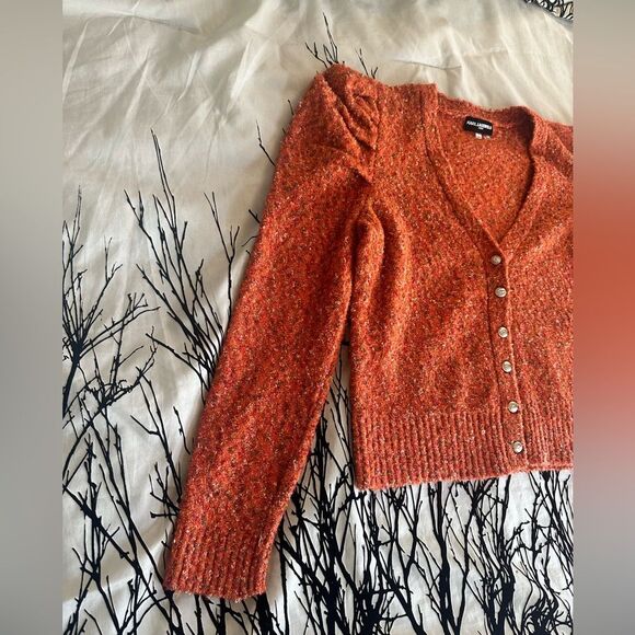 Karl Lagerfeld Paris orange ruffle shoulder cardigan sweater, wool blend, medium - Picture 5 of 14